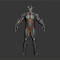 Game Movie Character In Metallic Armor With Orange Glowing Lines And Muscular Build
