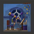 Cartoon Style Blue Room Scene With Easel Colored Pencils Telescope Arched Window And Star Moon Decorations