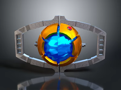 Mechanical Device With Orange Sphere Blue Glowing Core Red Gemstone And Gray Frame 3d model
