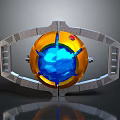 Mechanical Device With Orange Sphere Blue Glowing Core Red Gemstone And Gray Frame