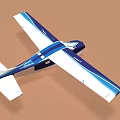 Blue and White Small Airplane Model with Streamlined Wings on Brown Background