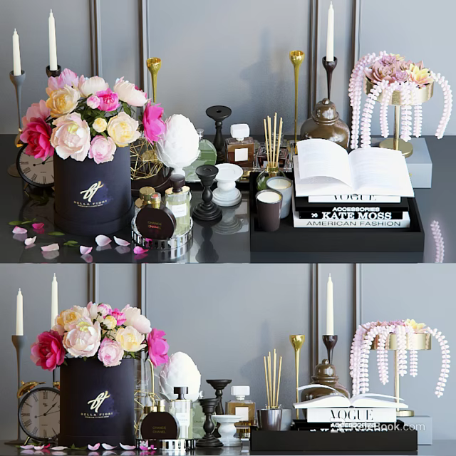 Elegant Decorative Ornament Set With Fresh Flower Bouquets Candles Books And Fragrance Bottles 3d model 