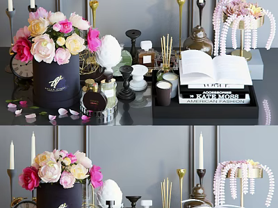 Elegant Decorative Ornament Set With Fresh Flower Bouquets Candles Books And Fragrance Bottles 3d model