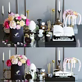 Elegant Decorative Ornament Set With Fresh Flower Bouquets Candles Books And Fragrance Bottles