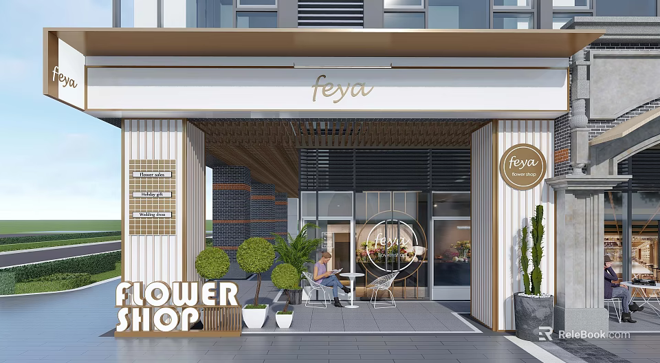 Flower Shop Modern Storefront Design With Potted Plants Outdoor Tables Chairs And Glass Door 3d model 