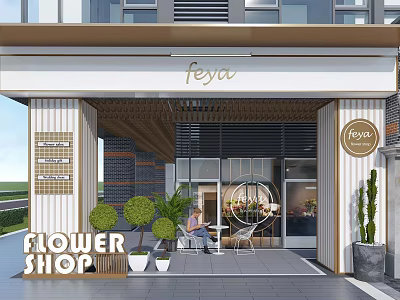 Flower Shop Modern Storefront Design With Potted Plants Outdoor Tables Chairs And Glass Door 3d model