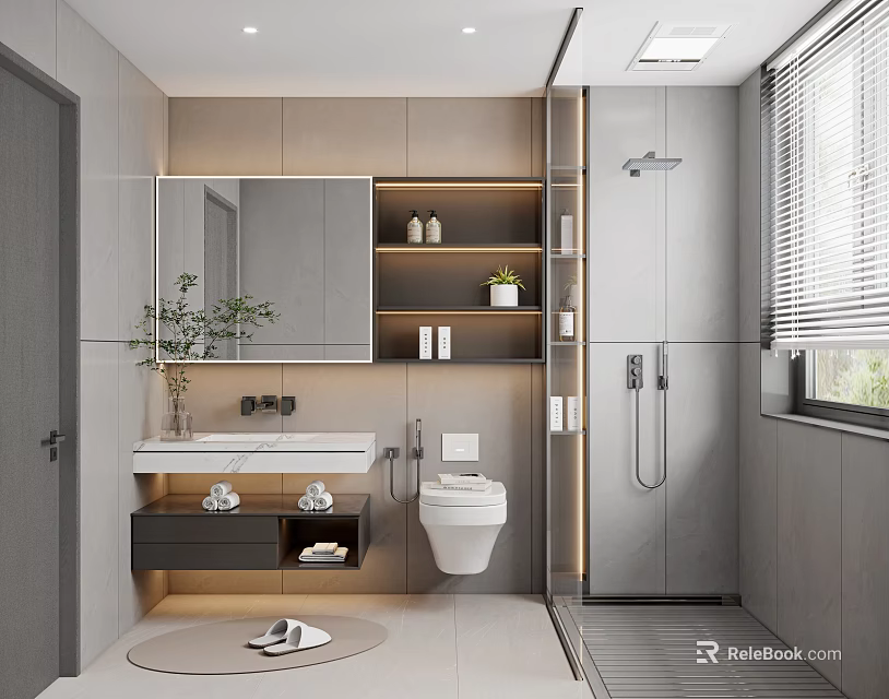 Modern Bathroom Interior With Mirror Vanity Green Plants And Shower 3d model 