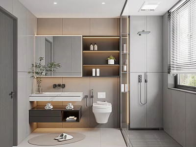 Modern Bathroom Interior With Mirror Vanity Green Plants And Shower 3d model