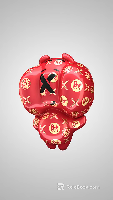 Red Traditional Decorative Ornament Set With Gold Symbols And Black Patterns 3d model 