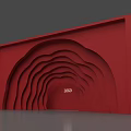 Red Decorative Feature Wall with Layered Wavy Curves and Central Logo 3d model