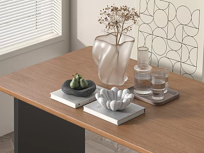 Modern Decorative Ornament Set Featuring Transparent Vase Dried Flowers Shell Ornament Glassware On Wooden Table 3d model