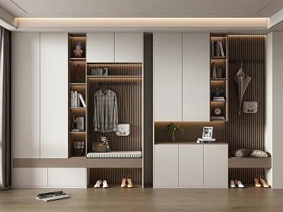 Modern Shoe Cabinet Storage Design With White Compartments Hanging Rack And Bench Seat 3d model