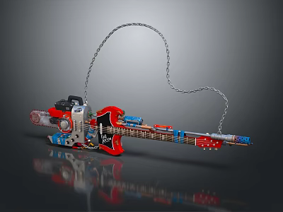 Unique Home Living Accessory Designed As Chainsaw Guitar Hybrid In Red Blue With Chain 3d model