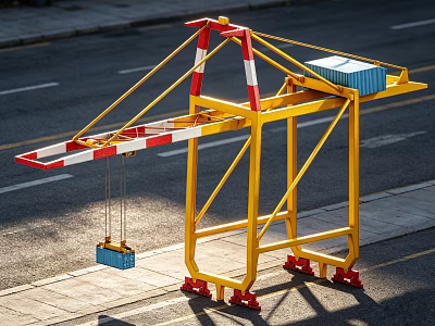 Industrial Equipment Yellow Crane with Red and White Boom Lifting Blue Container on Roadside 3d model