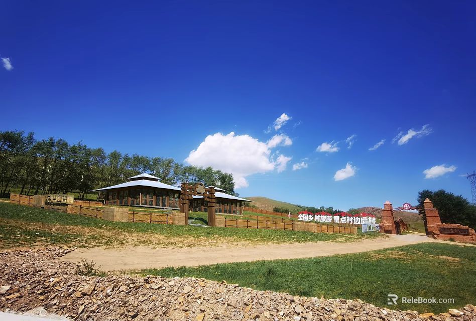 Scenic Garden Landscape with Blue Sky White Clouds Green Lawn Wooden Building and Distant Mountains 3d model 