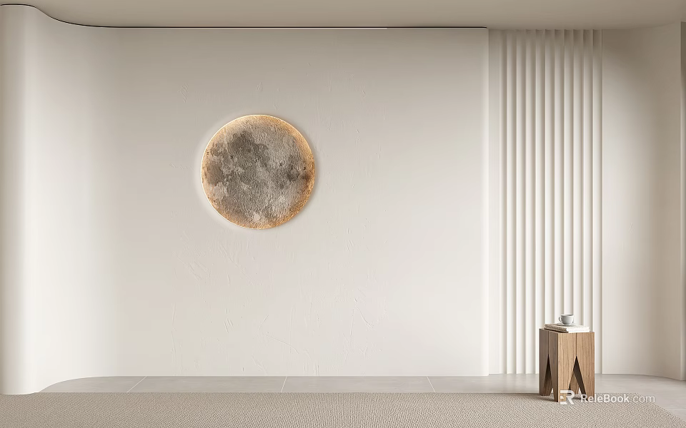 Minimalist Sofa Background Wall With Circular Decorative Painting And Light Colored Vertical Stripe Design 3d model 