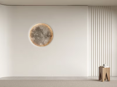 Minimalist Sofa Background Wall With Circular Decorative Painting And Light Colored Vertical Stripe Design 3d model