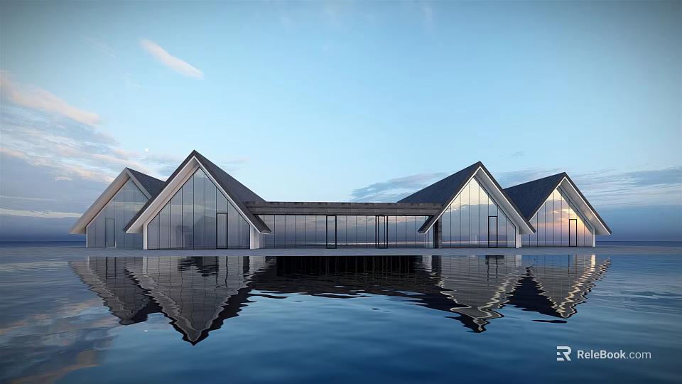 Modern Detached Villa with Glass Curtain Walls Unique Roof Design and Water Reflection View 3d model 