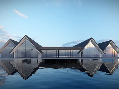 Modern Detached Villa with Glass Curtain Walls Unique Roof Design and Water Reflection View 3d model
