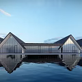 Modern Detached Villa with Glass Curtain Walls Unique Roof Design and Water Reflection View