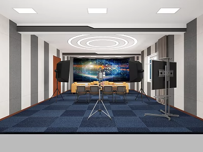 Modern Conference Room Interior Design With Large Screen Sound System And Blue Carpet 3d model