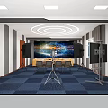 Modern Conference Room Interior Design With Large Screen Sound System And Blue Carpet