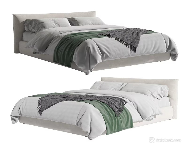 Modern Double Bed With Upholstered Headboard White Bedding Pillows Green And Grey Throw Blankets 3d model 