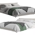 Modern Double Bed With Upholstered Headboard White Bedding Pillows Green And Grey Throw Blankets