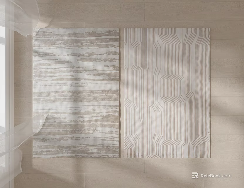 Two Square Rugs With Distinct Textured And Linear Patterns On Wooden Floor 3d model 