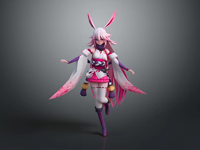 Game Anime Character With Pink Long Hair Rabbit Ears White Pink Outfit Flowing Sleeves And Boots 3d model