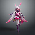 Game Anime Character With Pink Long Hair Rabbit Ears White Pink Outfit Flowing Sleeves And Boots