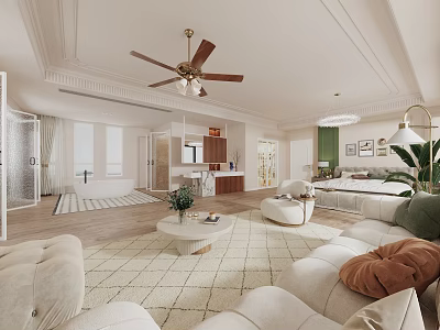 Modern Bedroom Interior With Large Bed Sofa Area Rug Ceiling Fan And Windows 3d model