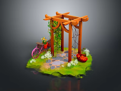 Wooden Garden Pergola With Green Vines Pink Bicycle And Red Basket 3d model