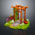 Wooden Garden Pergola With Green Vines Pink Bicycle And Red Basket