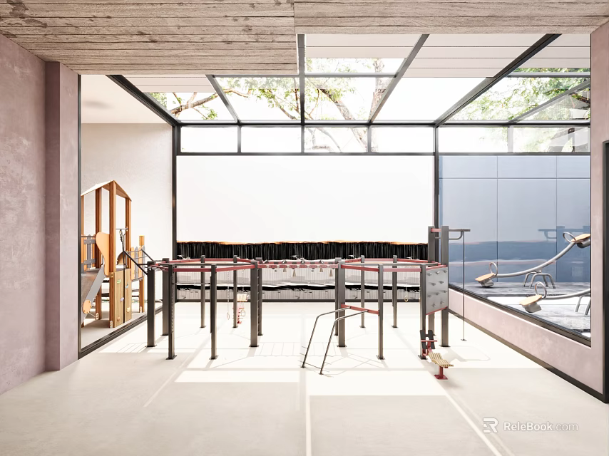 Modern Recreation Room With Large Windows Natural Light And Sports Equipment 3d model 