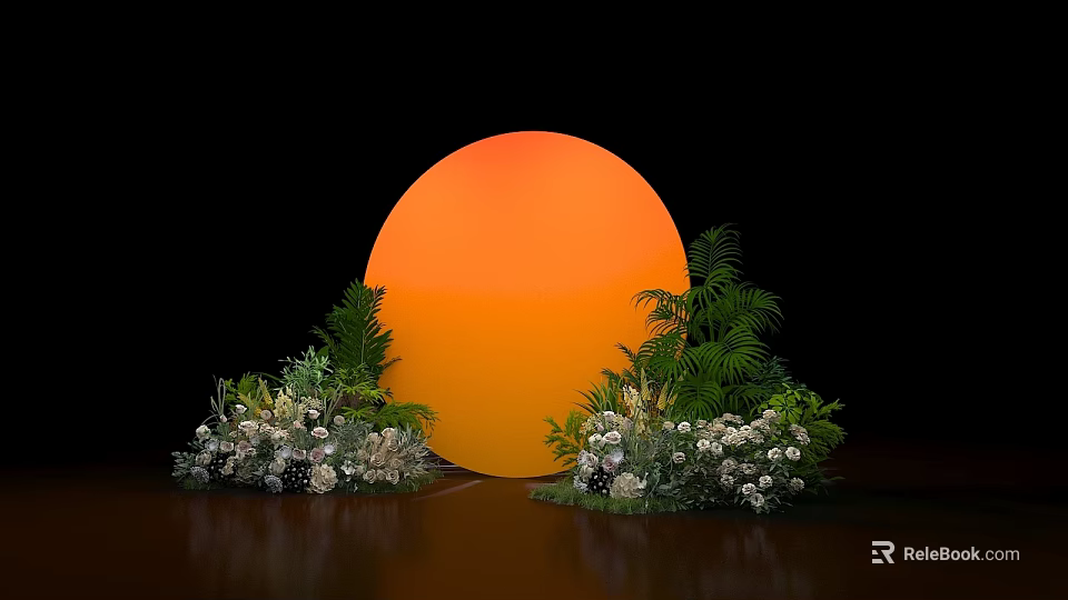 Vibrant Large Orange Sphere Display With Green Foliage And White Flowers Arrangement 3d model 