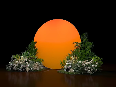 Vibrant Large Orange Sphere Display With Green Foliage And White Flowers Arrangement 3d model