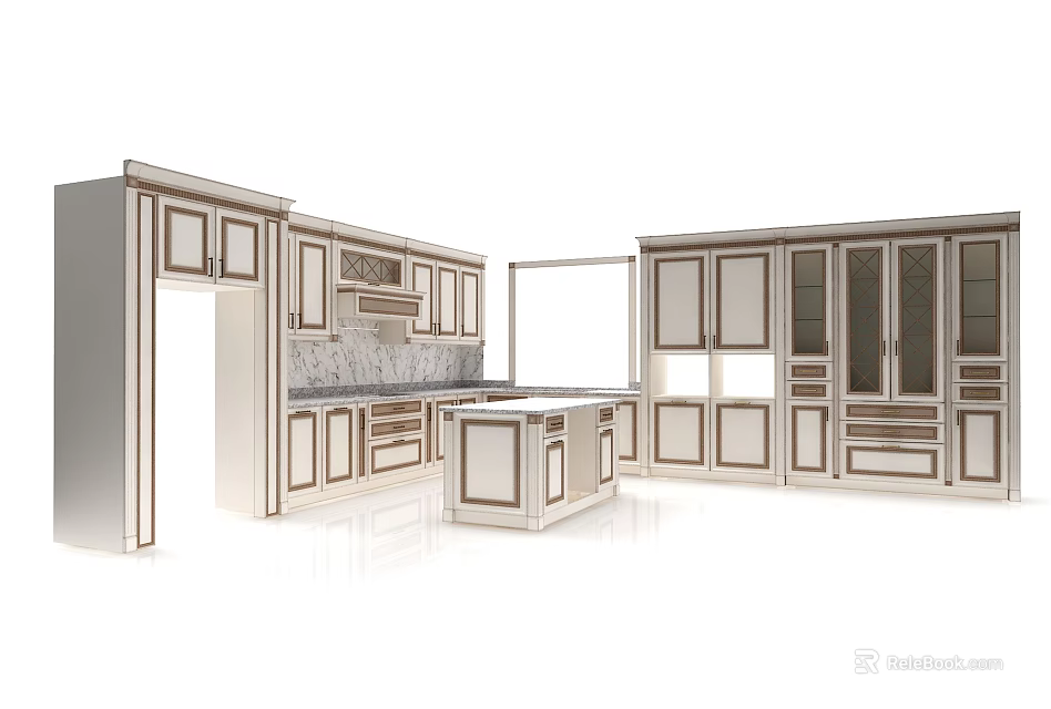 Modern Kitchen Cabinets With Island Counter And Wooden Storage Doors 3d model 