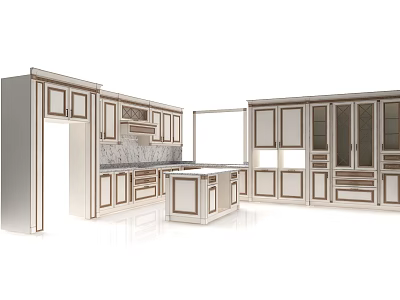 Modern Kitchen Cabinets With Island Counter And Wooden Storage Doors 3d model