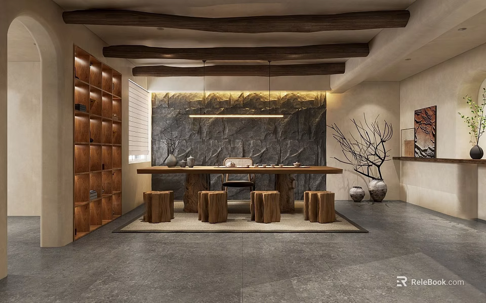 Traditional Chinese Tea Room Interior with Wooden Beams Long Table Stone Backdrop and Stools 3d model 