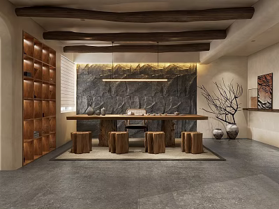 Traditional Chinese Tea Room Interior with Wooden Beams Long Table Stone Backdrop and Stools 3d model