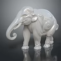 White Elephant Sculpture With Curled Trunk And Ornate Body Patterns On Black Background With Reflection