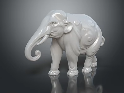 White Elephant Sculpture With Curled Trunk And Ornate Body Patterns On Black Background With Reflection 3d model
