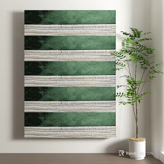 Green Striped Wall Art With White Lines Beside Potted Green Plant 3d model 