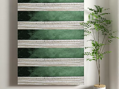 Green Striped Wall Art With White Lines Beside Potted Green Plant 3d model