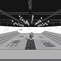 Modern Stage With Blue Lighting Hanging White Spherical Decorations Staircase Seats And Brand Logos Backdrop