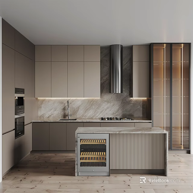 Modern Kitchen Interior With Gray Cabinets Marble Island Wine Rack And Glass Door Cabinets 3d model 