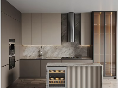 Modern Kitchen Interior With Gray Cabinets Marble Island Wine Rack And Glass Door Cabinets 3d model