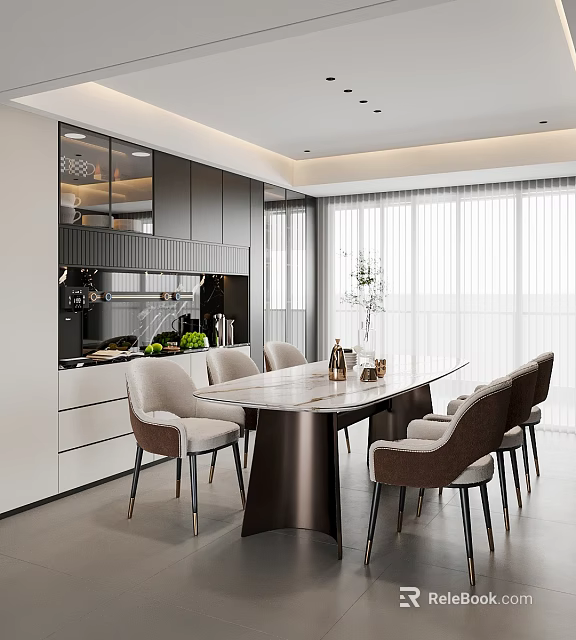 Elegant Modern Restaurant Interior With Marble Dining Table And Stylish Chairs 3d model 