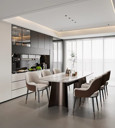 Elegant Modern Restaurant Interior With Marble Dining Table And Stylish Chairs 3d model